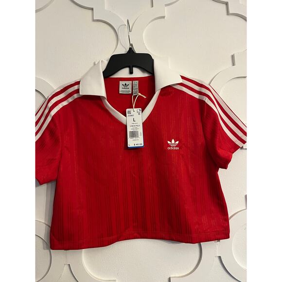 NEW ADIDAS Adicolor Football Jacquard XL - Red Cropped Polo - Picture 7 of 8